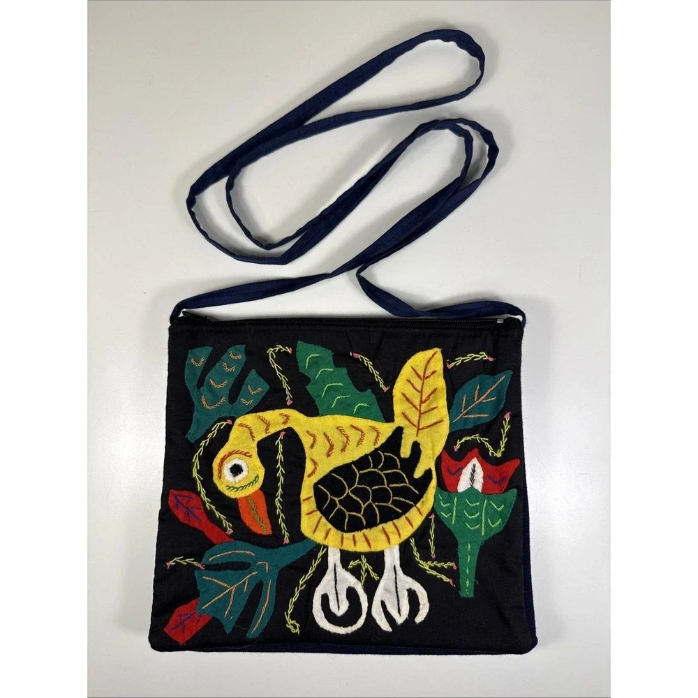 Vintage 1990s Cloth Purse Hand Appliqued Bird Double Pockets Zippered Boho 6.5